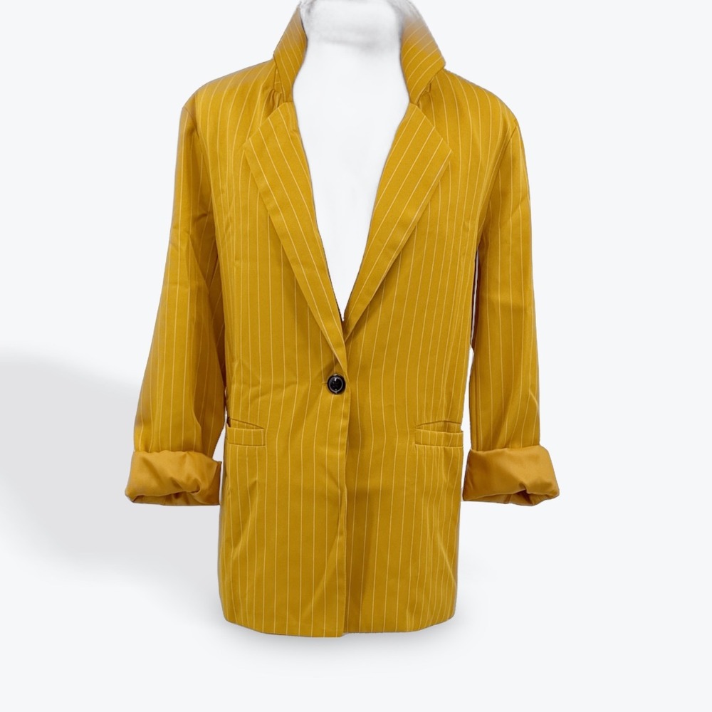 SHEIN Mustard Yellow Pinstripe Blazer‎ Jacket Women's Size M